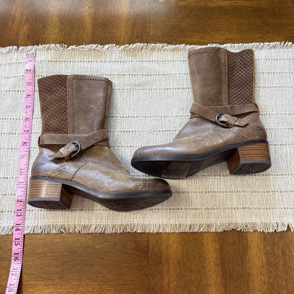 UGG Suede Boots Side Zip Buckles Sherpa Chestnut Brown Tan Sz 7 Distressed
